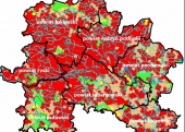 Zagrożenie suszą glebową wybranych powiatów województwa lubelskiego, tereny zagrożone na czerwono.